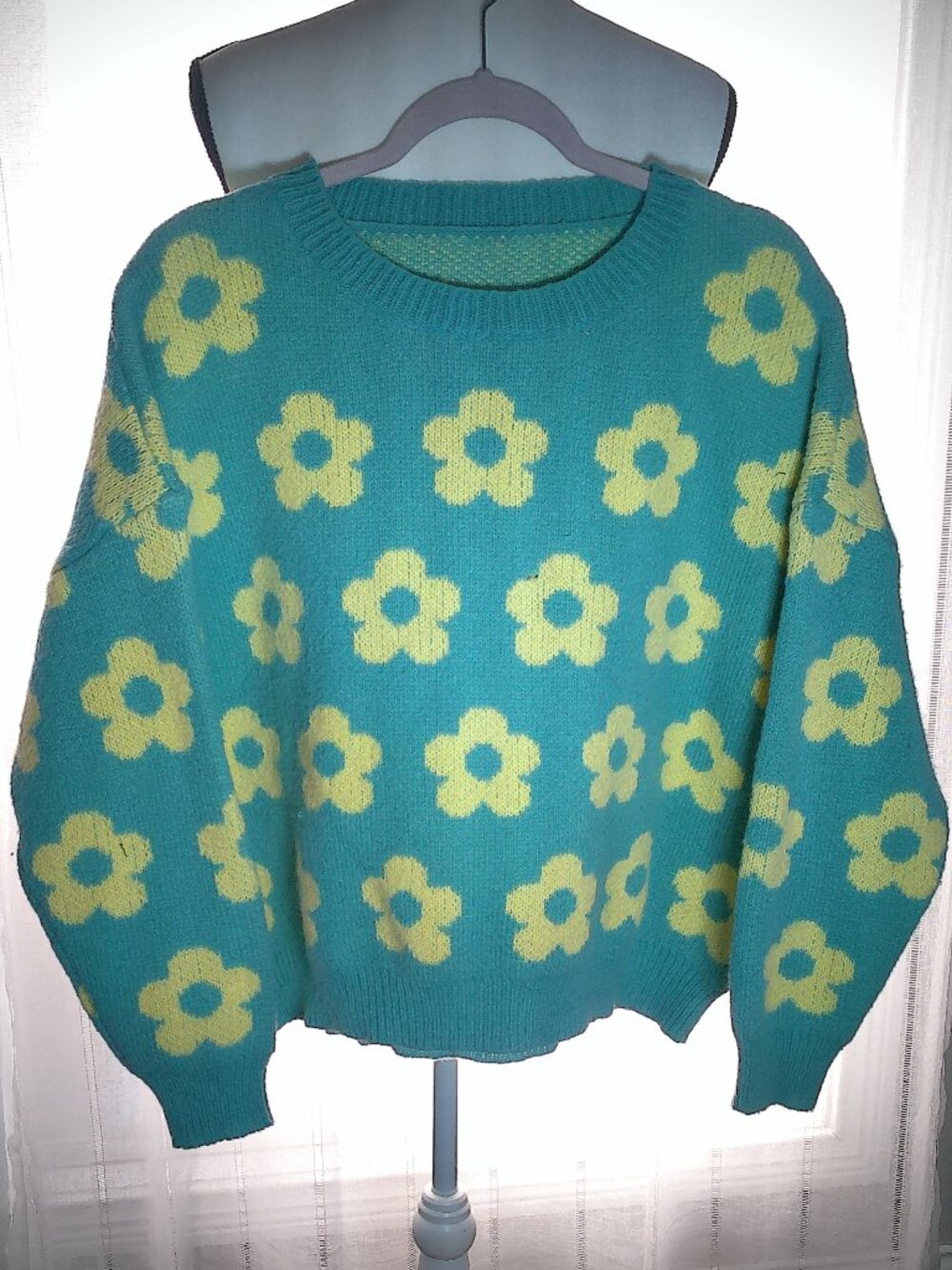 SHEIN CURVE Long Sleeve Scoop Neck Blue w/Yellow Flower Details Knit Sweater 2XL